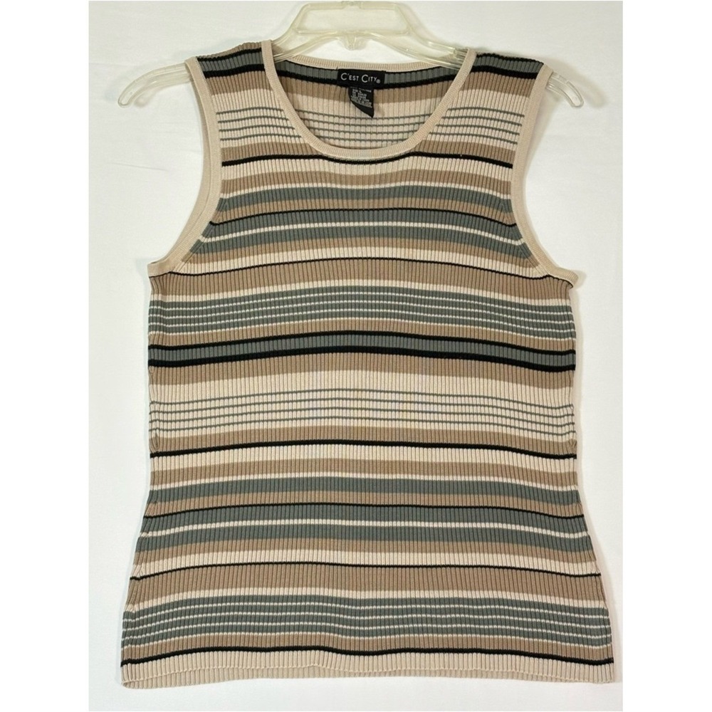 100% Silk Knit Tank Top Striped Neutral Sleeveless Lightweight Size L